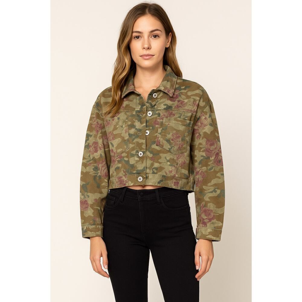 POL Camo Floral Cropped Denim Jacket Women’s Size M – Military Utility Style